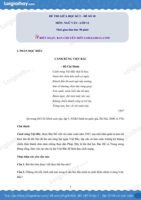 Đề thi giữa kì 2 Văn 12 - Đề số 10